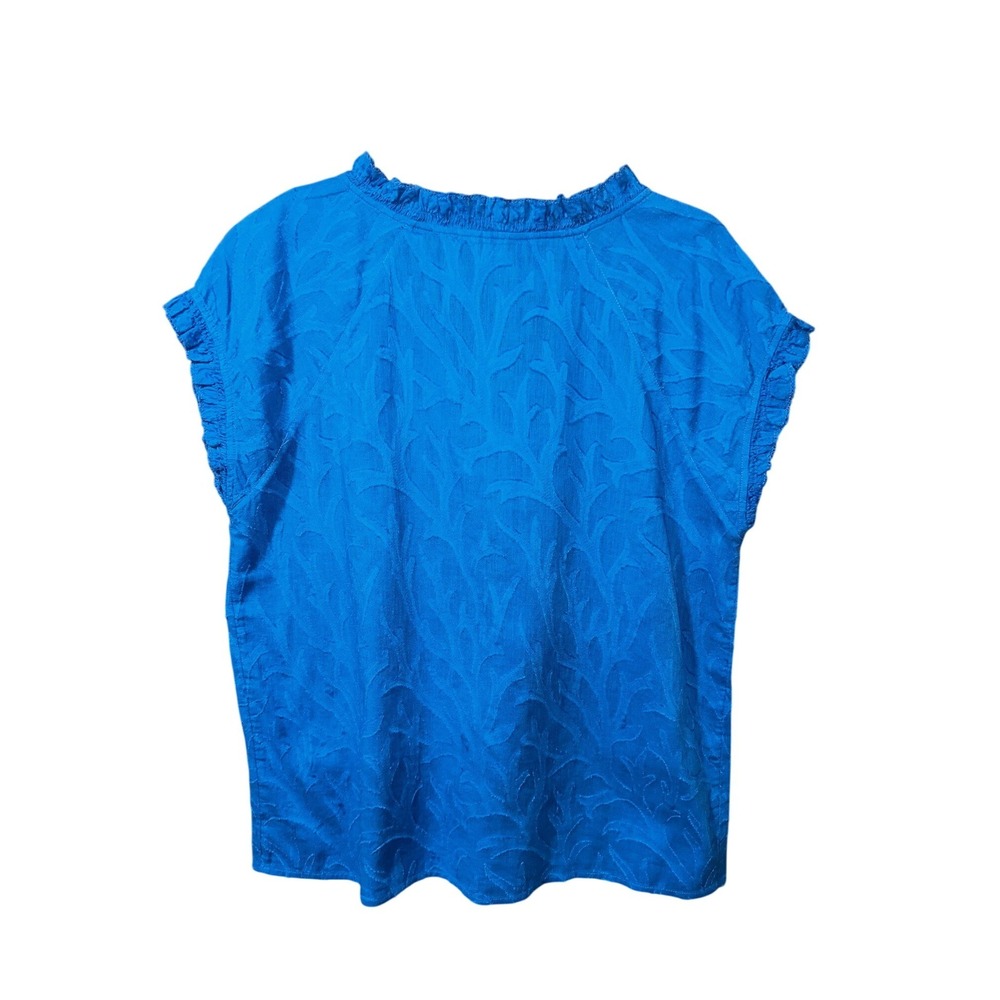 J.Jill Womens V Neck Top Blue Small Jacquard Leaf Ruffle Cap Sleeve Blouse - Picture 6 of 6